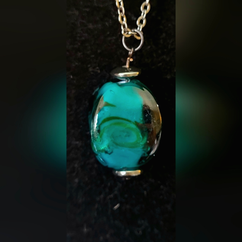 Deep Teal Lamp Work Glass And Hematite Pendant Necklace